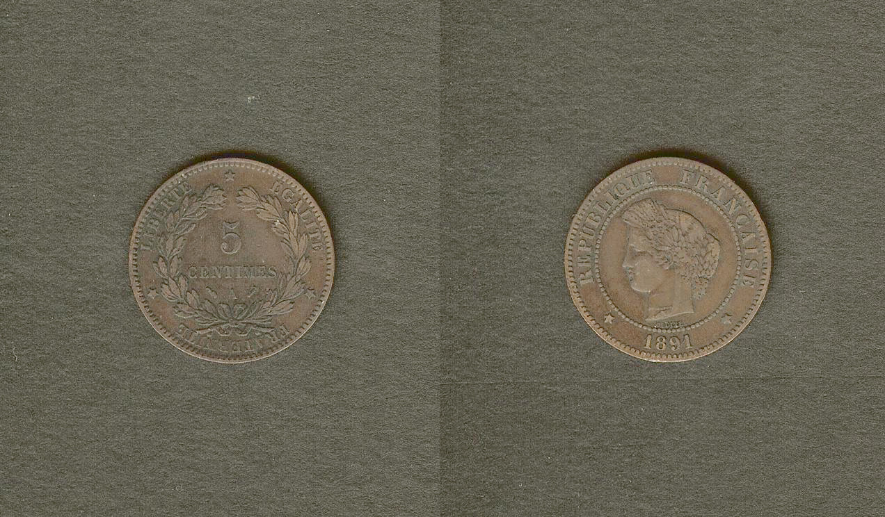 5 centimes Cérès 1891 Paris TTB à TTB+